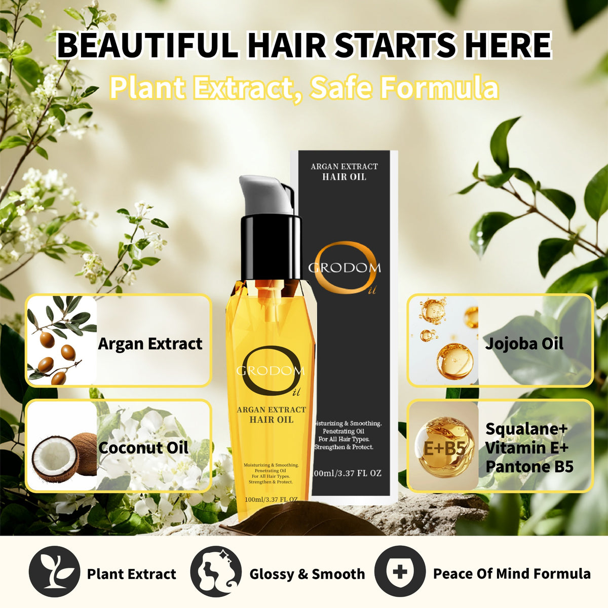 GRODOM Argan Extract Hair Oil for Frizz & Shine, 3.37 fl oz detail image